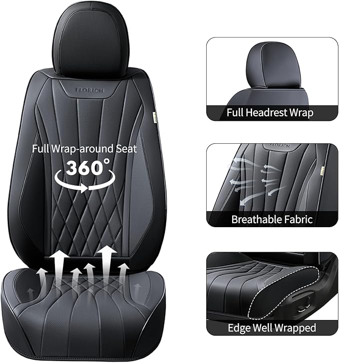 FLORICH Car Seat Covers Front Seats, Luxury Fashion Solid Black Seat Covers, Waterproof Nappa Leather Car Seat Protector, Airbag Compatible, Full Covered Car Seat Cover Universal Fit for Most Cars