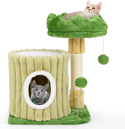 Tangkula Small Cat Tree, Green Cat Tower with Private Cat Condo, Plush Top Perch, Hanging Pompom & Spring Toy, Sisal Scratching Post, Cute Cat Climbing Tree for Indoor Cats