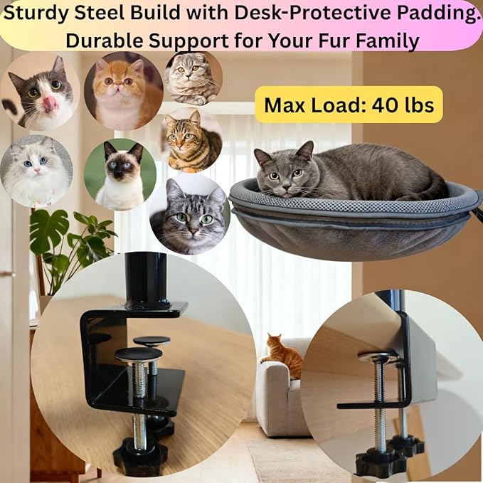 Cat Desk Bed, Adjustable & Rotating 360° Cat Desk Hammock, Dual-Side Elevated Pet Desk Bed w/Toy Mouse for Computer Desks, Island/Coffee Tables, Weight Capacity 33 LBS