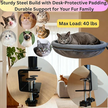 Cat Desk Bed, Adjustable & Rotating 360° Cat Desk Hammock, Dual-Side Elevated Pet Desk Bed w/Toy Mouse for Computer Desks, Island/Coffee Tables, Weight Capacity 33 LBS