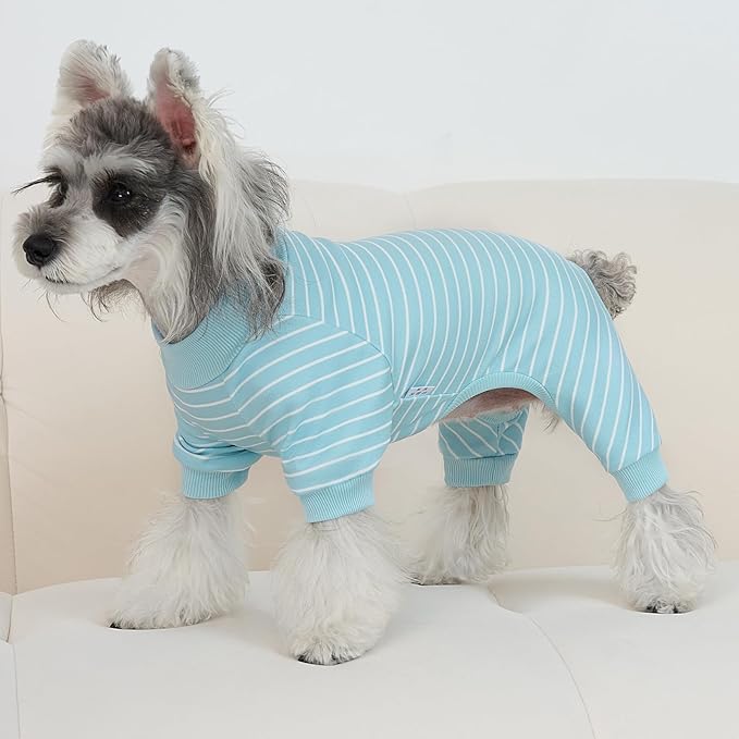 XPUDAC 4 Pack Dog Pajamas Striped Dog Clothes for Small Medium Dogs Girl Boy Comfy Puppy Outfit Doggy Jammies Onesie Pet Costume, Blue, Grey, Green, L
