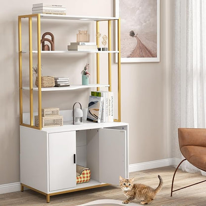 PETSITE Cat Litter Box Furniture with 3 Shelves and Doors, 61 inch Tall Cat Box Enclosure with Display Shelves, Scratching Pad, Indoor Hidden Litter Box with Decorative Storage Shelving (White)