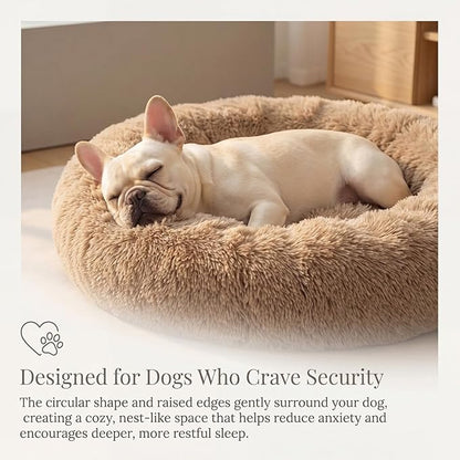 Calming Dog Bed for Medium Dogs Washable Donut 30 inches Anti-Slip Pet Bed,Round Fluffy Plush Faux Fur Cat Bed,Fits up to 45 lbs Pets,Camel