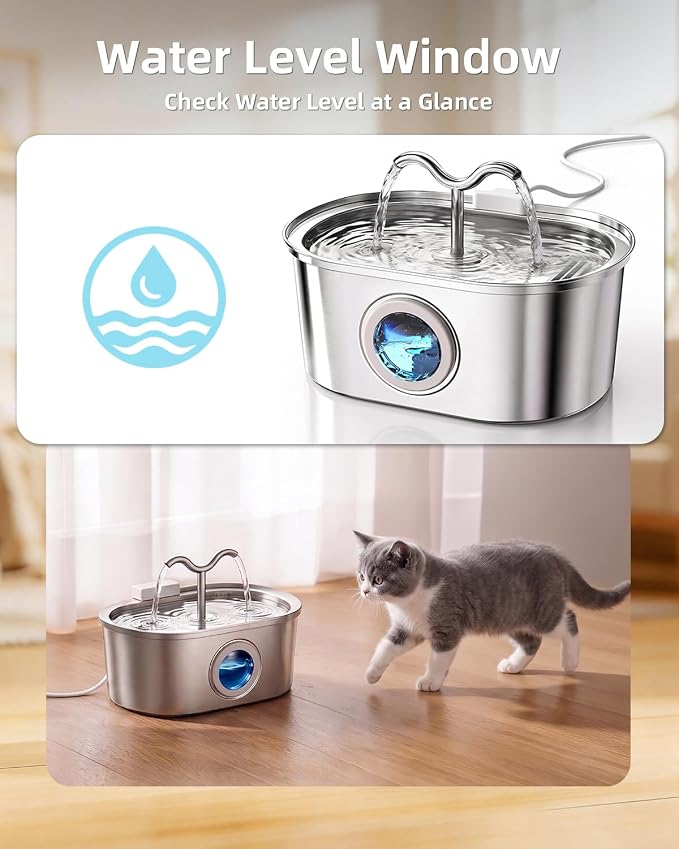 3.2L/108oz Stainless Steel Cat Water Fountain Pet Fountain | Automatic Pet Water Dispenser - Self-Designed Filtration System - Ultra-Quiet Pump - Easy Cleaning & Maintenance