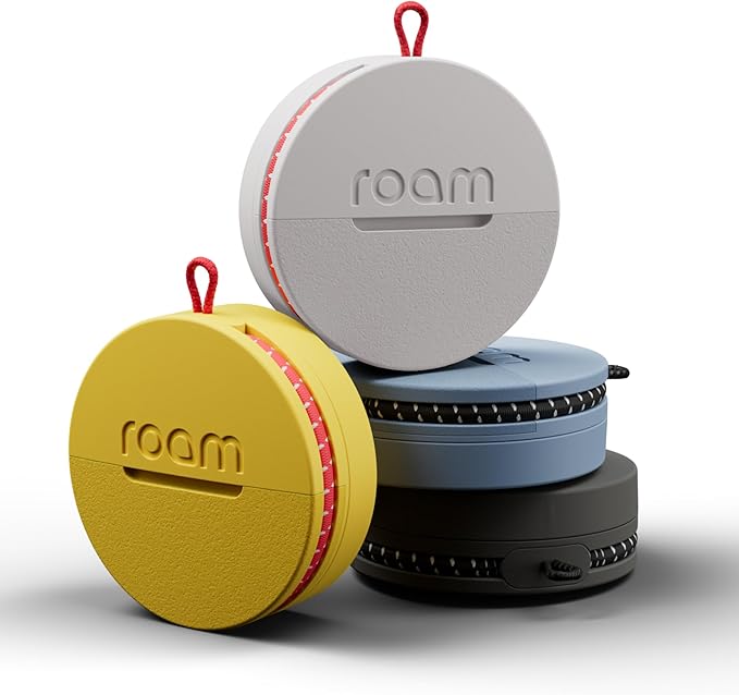 ROAM SMART TRACKER - Bluetooth Tracker & Item Locator for Keys, Luggage, Kid & Pet Gear, (iOS, Android), No App or Subscription, Fast Setup, Waterproof | 4-Pack, Black, Blue, Yellow & Gray