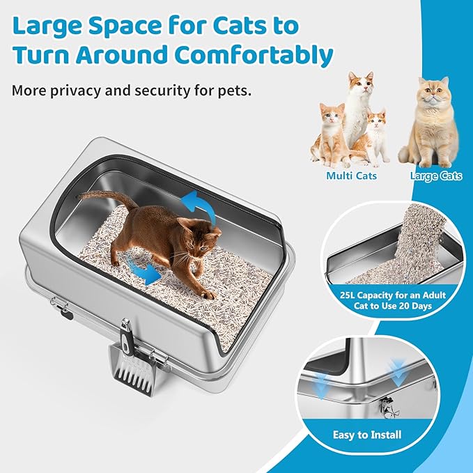 Stainless Steel Cat Litter Box, 19.7" L x 13.8" W x 11.8" H Large Semi Enclosed Removable Metal Litter Tray with High Sided Enclosure, Scoop, Anti-Leakage, Non-Sticky, Easy Cleaning