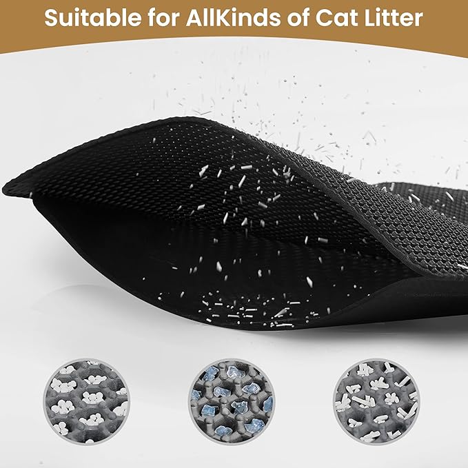 Cat Litter Mat 24x18 Inches, Honeycomb Double Layer Traps Litter & Waterproof Leatherette Bottom Prevents Urine Leaks, Durable & Easy Clean Pet Floor Protector for Cat Litter Box Area（Black）