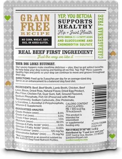 I AND LOVE AND YOU Wet Dog Food Toppers - Top that Move Beef with Bison Recipe in Gravy, Meal Enhancer Topper, 3oz 12pk