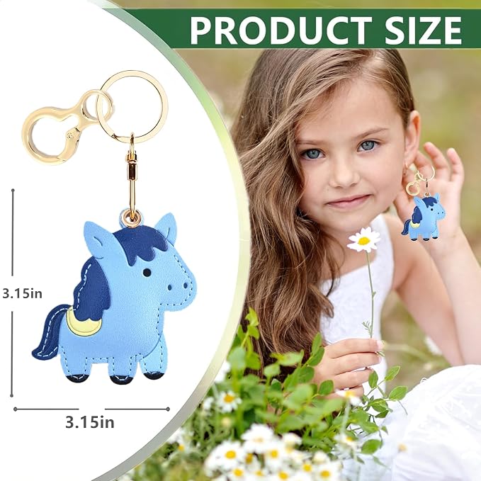 Leather Keychain Holder Case Compatible with AirTag,Cute Protective Cover with Keyring,Anti-Scratch Finder GPS Tracker Case for Wallet Keys,Bag,Pets,Backpack(Blue Horse)