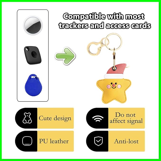 Leather Keychain Holder Case Compatible with AirTag,Cute Protective Cover with Keyring,Anti-Scratch Finder GPS Tracker Case for Wallet Keys,bag,pets,Backpack(Star)