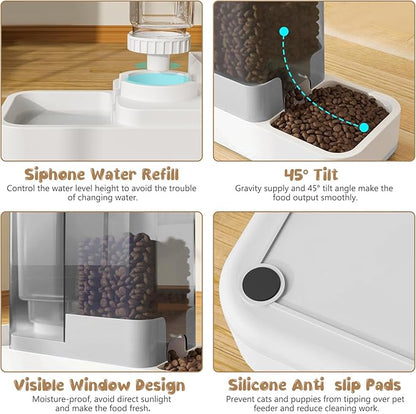 GearRoot Automatic Cat Feeder and Water Dispenser, 2 in 1 Gravity Pet Food Feeder and Water Dispenser Detachable Cat Food Dispenser for Small Dogs and Cats, White