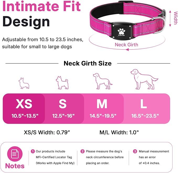 GPS Dog Collar Tracker 2-in-1,Reflective Waterproof Pet Collar,iOS-Only,No Monthly Fees,Unlimited Range,Dog Tracking Collar Pet Tracker,for Small Medium Large Dogs(L (16.5"-23.5"), Hot Pink)