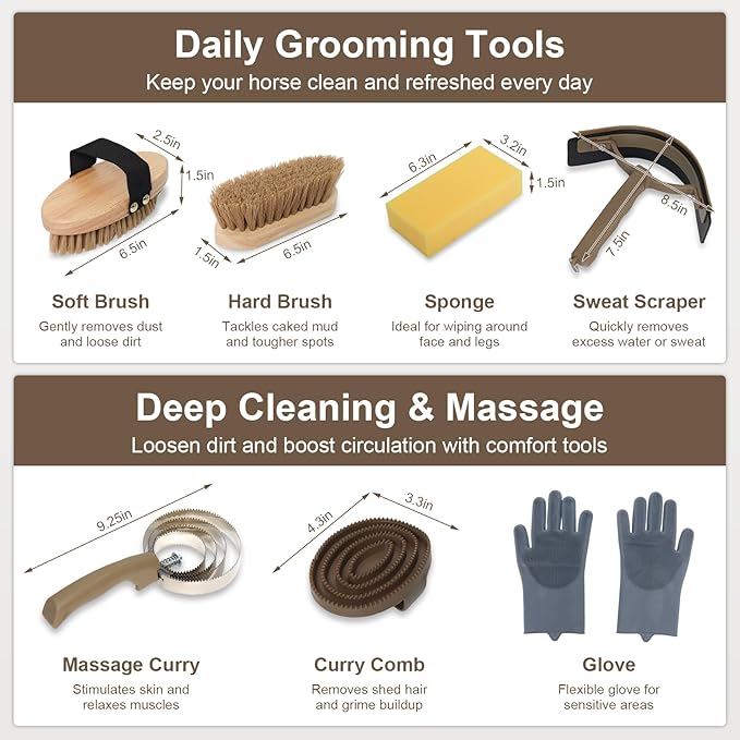 Swess Horse Grooming Kit 14 Pieces, Horse Brushes Set for Grooming & Bathing Supplies, Professional Horse Supplies with Mane & Tail Comb, Curry Comb, Hoof Pick, Gloves & Mesh Tote Bag for Equine Care