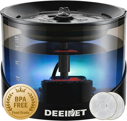 DEEIPET 2.2L/74oz Bubbling Cat Water Fountain, 360° Drinking Area, 24H Oxygen-Rich Flow, Replaceable Pump & BPA-Free ABS, LED Auto Shut-Off Pump, Ultra Quiet USB Adapter, for Cats & Small Dogs