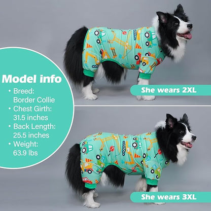 KYEESE Dog Pajamas Velvet Dog Pajamas Large Sized Dogs Soft Dogs Clothes Pjs with Construction Vehicles Pattern Stretchy Pet Jammies Coat Comfy Pet Onesie Costume, 3X-Large