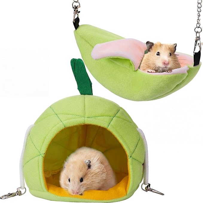 Jetec 2 Pcs Hamster Hammock Soft Bed Small Pet Animals Hamster Hanging House Cage Nest for Guinea Pig Rat Chinchilla Sleep and Play, Banana and Pineapple (Green)