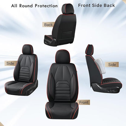 Coverado Car Seat Covers Full Set, Black Redline Seat Covers for Cars, Automotive Seat Covers, Waterproof Nappa Leather Front Seats and Back Car Seat Protector, Universal Fit for Most Cars SUV Trucks