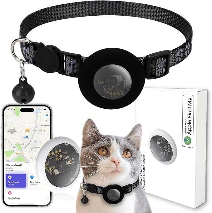 GPS Tracker for Cats, Mini GPS Pet Tracker with Collar, IPX8 Waterproof Cat Trackers Collar,No Monthly Fee,Work with Apple Find My(iOS Only),Smart Trackers for Pets-Black-3