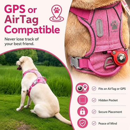 No Pull Dog Harness with Built-in Hidden AirTag & GPS Tracker Holder, Reflective Adjustable Escape-Proof Vest Harness for Small & Large Dogs (Pink, L)