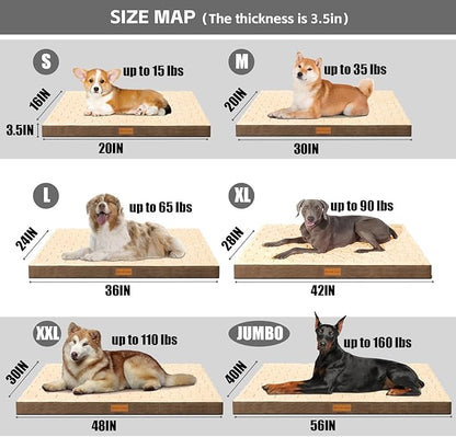 Patas Lague Orthopedic XL Dog Bed Large Sized Dog 42''X28'', Waterproof Soft Comfortable Egg Crate Foam Large Pet Beds Crate Mat with Removable Washable Cover and Nonskid Bottom, Brown
