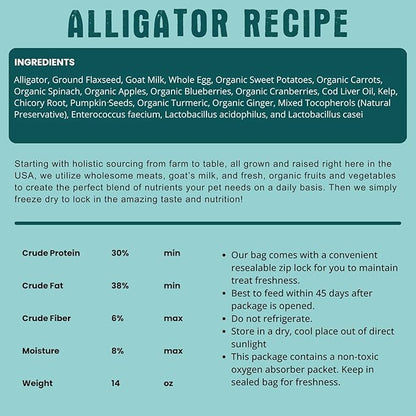 Shepherd Boy Farms Freeze Dried Raw Dog Food, Alligator Recipe, All Natural, No Synthetics, Made in USA with Goat's Milk & Organic Produce, High Protein, Complete Meal (14oz)