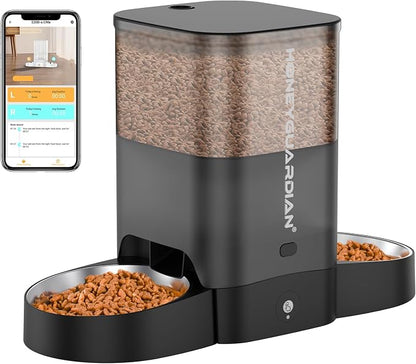 HoneyGuaridan Automatic Cat Feeder for 2 Cats, 2.4/5G WiFi Smart Feed Pet Feeder with Stainless Steel Bowl,APP Control Dispenser, Dual Power Supply,Desiccant Bag,10s Meal Call Black | Pet Feeder with Stainless Steel Bowl,Automatic Cat Food Dispenser,Mu...