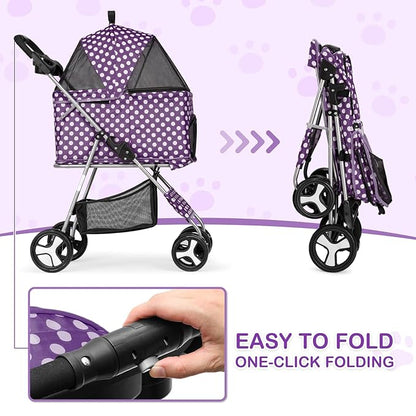 MoNiBloom 3 in 1 Foldable Pet Stroller for Small & Medium Dogs, Detachable Carrier, Car Seat, Push Button Entry, 4-Wheel Jogger for Pets up to 33 lbs, Purple Polka Dots