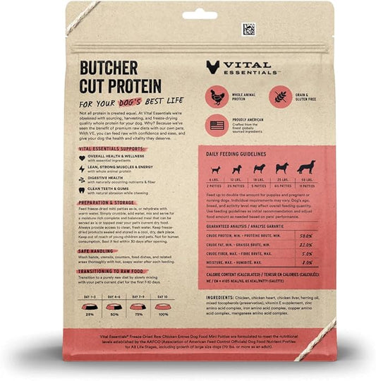 Vital Essentials Freeze Dried Dog Food, Raw Chicken Mini Patties | Complete Meal or Topper | High Protein, Grain Free Dry Dog Food | 14 oz Bag