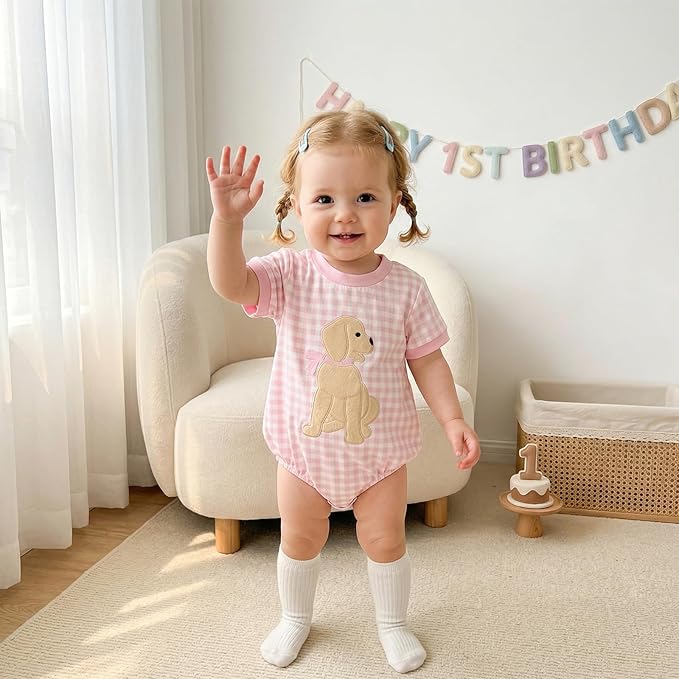 Baby Girl Summer Clothes Dog Bubble Romper Newborn Infant Plaid Onesie Spring Summer Toddler Bodysuit Clothes