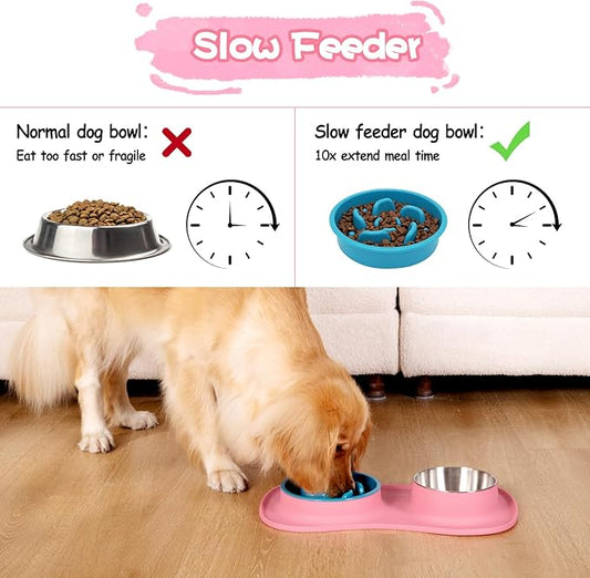 MateeyLife Dog Food and Water Bowl Set 3 in 1, Slow Feeder Dog Bowls & Stainless Steel Water Bowl with Non-Spill Silicone Mat, Cat and Puppy Bowls Pet Dishes for Small Medium Large Breed Anti-Choking