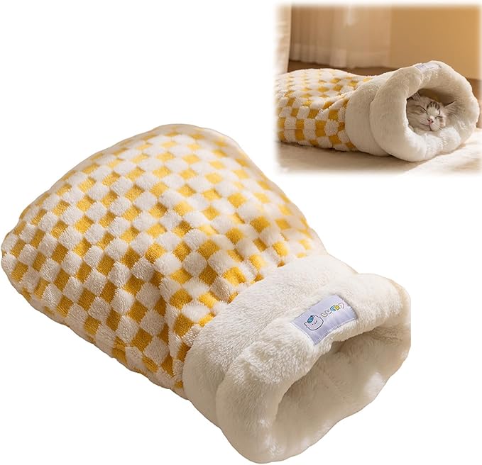 Cat Sleeping Bag, Cat Sleeping Bag for Indoor Cats Self Heating Cozy Winter Soft Plush Self Warm Kittens Indoor Sack 360°Wrap Comfortable Pet Snuggle Sack for Cats up to 8kg/17.6lb (Yellow Plaid)