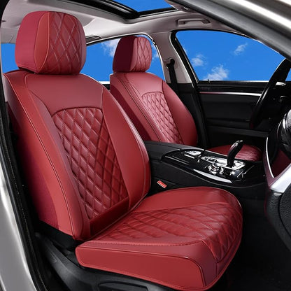Huidasource Red Front Seat Cover, Nappa Leather Front Car Seat Cover, Side Elastic Fabric, Compatible with Airbags, Seat Belts, Universal Fit for Most Cars, Vans, Trucks, SUVs (Front Pair/Red)