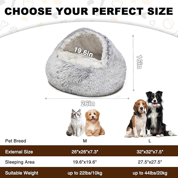 Dog Beds for Small Dogs - 26x26Inch Dog Cave Bed, Cozy Warming Fluffy Pet Cat Sleeping Bag with Washable Removable Cover, Built-in Support, Stable and Not Collapsing for Puppy and Kitten