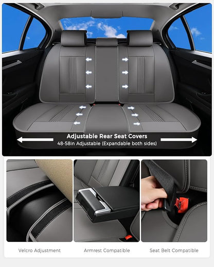 Huidasource Car Seat Covers Full Set, Car Seat Cover Nappa Leather with Lumbar Support, Side Elastic Fabric, Velcro Adjustable, Airbag, Ventilation Heating Universal Fit for Most Cars SUV Trucks, Gray