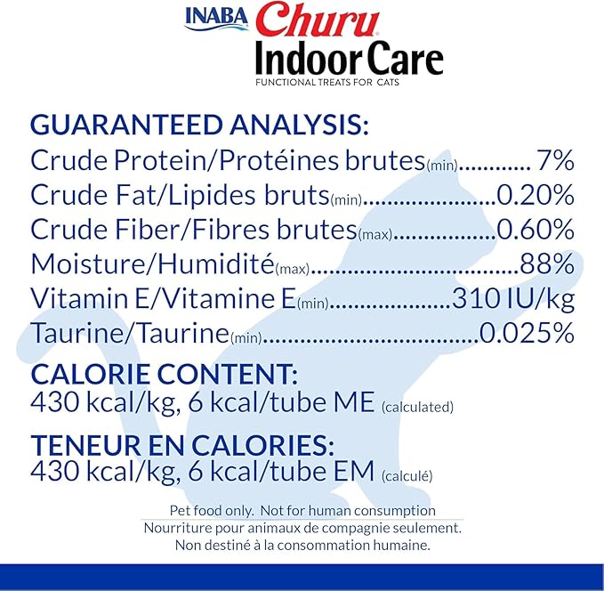 INABA Churu for Cats, Functional, Creamy Lickable Purée Cat Treat for Indoor Care and Hairball Control with Taurine & Vitamin E, 0.5 Ounces Each, 48 Tubes (4 per Pack), Tuna Recipe