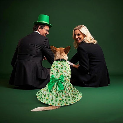 St. Patrick's Day Dog Costume Dress L, Green Clover and Horseshoe Print with Satin Bow, Pet Dress for 11-13 lbs Dogs and Cats, Festive Holiday Clothing