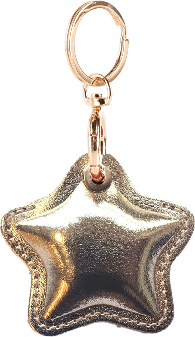 Leather Charm Keychain Holder Case Compatible with AirTag,Cute Protective Star-Shaped Cover with Luxe Ring Clip,Finder GPS Tracker Case for Wallet Keys,Bag,Pets(Golden)