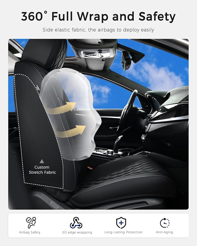 Huidasource Car Seat Cover, Nappa Leather Seat Covers, Velcro Adjustable, Compatible with Airbags, Armrests, Child Seat, Seat Belts, Universal Fit for Most Cars, Vans, Trucks, SUVs (Full Set/Black)