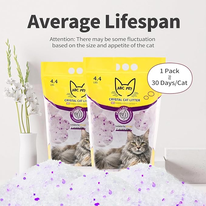 ABCPET Cat Litter Crystals No Clumping Odor Control Kitty Litter Non-Clumping No scooping Low Dust, Low Tracking, Dehydrates Waste Lavender - 25.8 lbs (6 x 4.3 lb Packs)