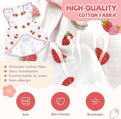 Dog Dresses for Small Dogs Girl Female Clothes Cat Clothes Cat Dress Cute Cotton Extra Small Summer Clothes Bow Decor Printed Strawberry Dog Birthday Outfit Puppy Clothes White S