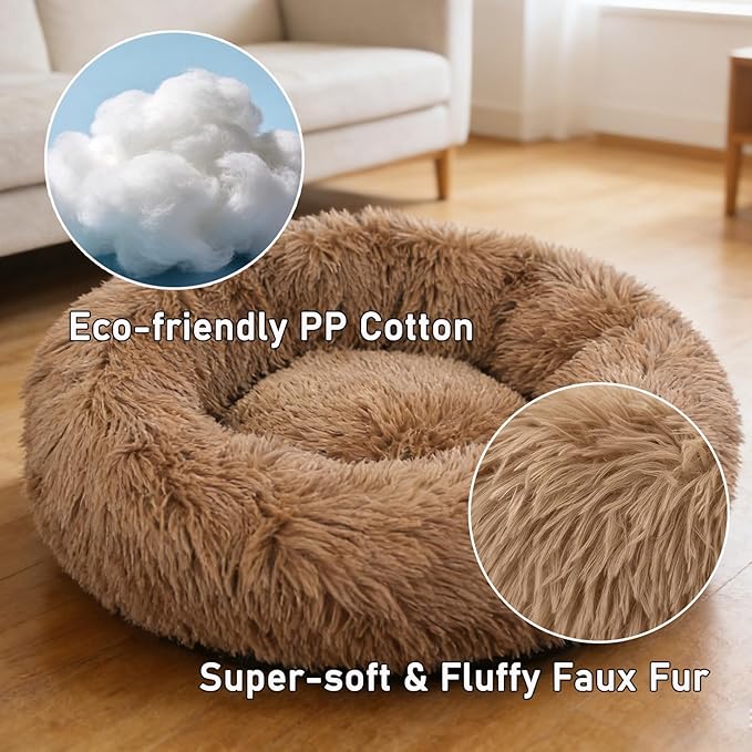 Calming Donut Dog Beds Large Sized Dog - Washable Removable Cover Non-Slip, Round Pet Bed Warming Fluffy Plush Faux Fur Anti-Anxiety Thick Cushion, Fits up to 80 lbs (Camel, 36")