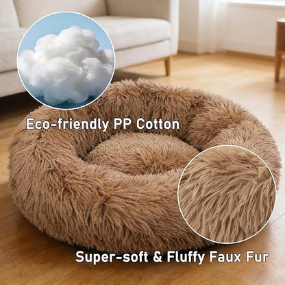 Calming Donut Dog Beds Large Sized Dog - Washable Removable Cover Non-Slip, Round Pet Bed Warming Fluffy Plush Faux Fur Anti-Anxiety Thick Cushion, Fits up to 80 lbs (Camel, 36")