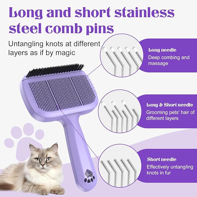 Self Cleaning Dog Brush for Shedding - Bristle Brush and Long/Short Needles Design, Skin Friendly, Slicker Deshedding Dog Brush, Hair Removal for Long & Short Haired Pets