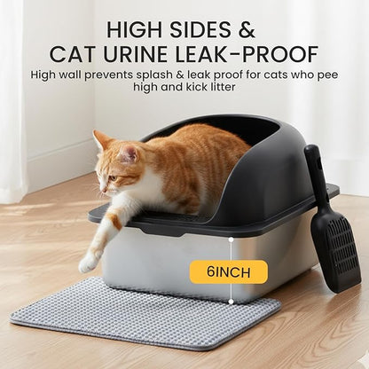 Simple Deluxe XL Stainless Steel Cat Litter Box with Lid, High Sided Metal Litter Pan for Large Cats, Urine-Proof Non-Stick & Easy to Clean, Black