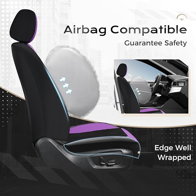Coverado 3D Air Mesh Front Car Seat Cover, Sports Carbon Fiber Design, Breathable Seat Protectors Airbag Compatible Comfort Universal for Most Cars, Van,Trucks, SUV, Black&Purple
