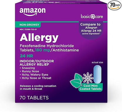 Amazon Basic Care All Day Allergy Relief, Fexofenadine Hydrochloride, 180 mg, Antihistamine, Non-Drowsy, 24-Hour Relief, Cool Mint Coated Tablets, 70 Count