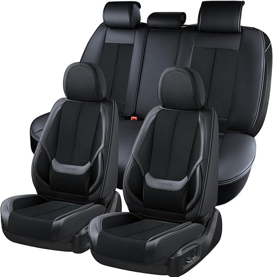 Coverado Front and Back Seat Covers 5 Pieces, Full Set Universal Seat Covers for Cars, Breathable Fabric&Leather Car Seat Protectors, Car Seat Cushions Compatible with Most Sedans SUV Pick-up Truck