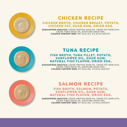 Applaws Lickable Cat Treats, Natural Grain-Free Purée, Made with Limited and Natural Ingredients, Variety Pack with Chicken, Tuna & Salmon Squeeze Up Treats (50 x 0.5oz Sachet Tub)