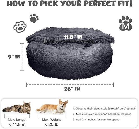 Himax Medium Dog Bed, Round Dogs Beds with Blanket Attached, Comfort Fluffy Calming Dog Bed Washable (20"/26"/35") Deep Grey