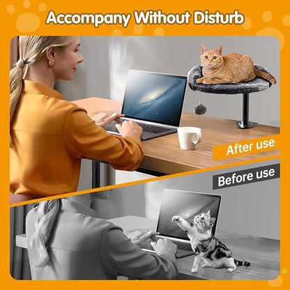 Cat Desk Bed with Adjustable Steel Frame - Faux Fur Fabric Elevated Bed for Indoor - Multi-Functional Pet Cats Mount,Furniture,Perch,Shelf,Raised,Stand-Supports up to 40lbs